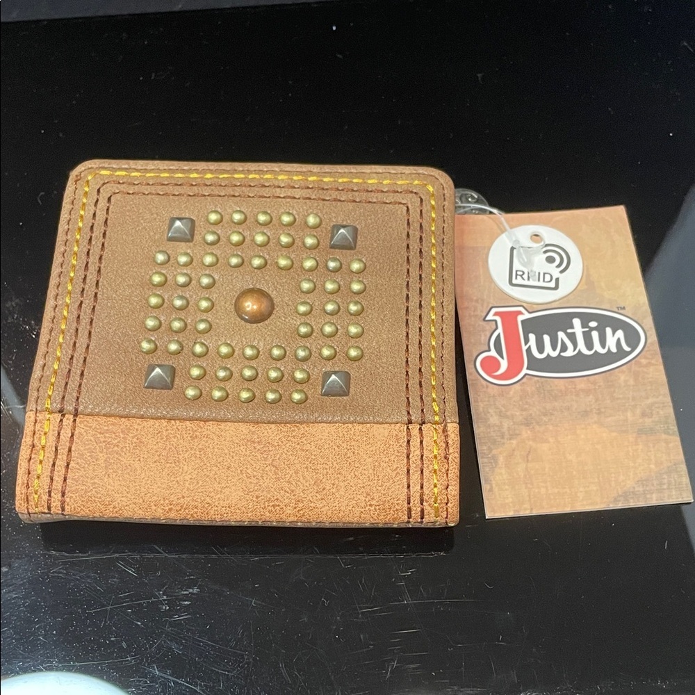 Justin Boots Brown Leather Wallet with Metallic Studs
